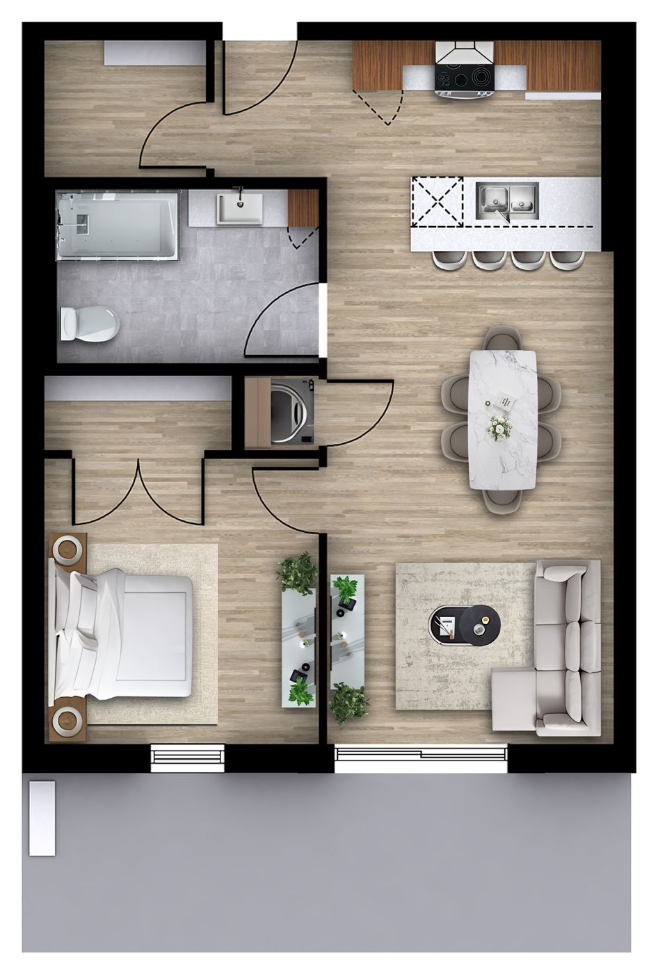 Plan 2D du logement 104, modèle D (3 ½, 680 pi²)