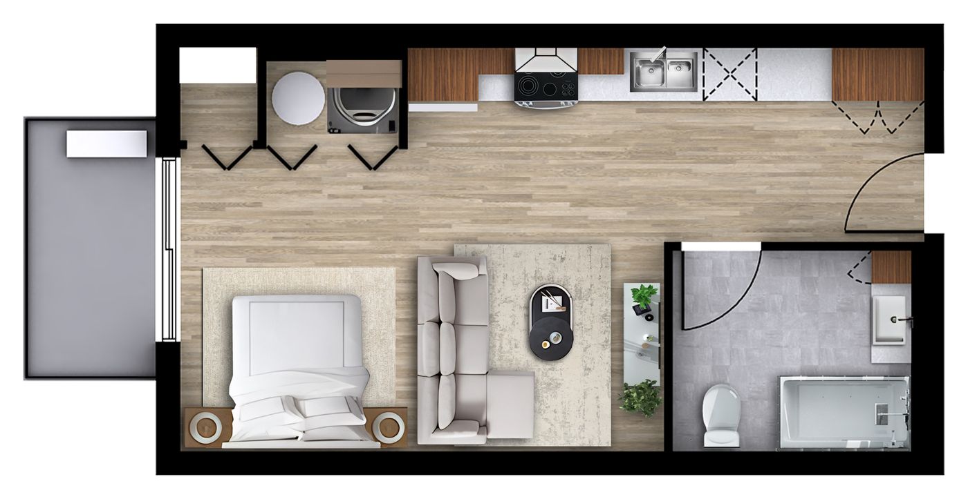 Plan 2D du logement 211, modèle K (Studio, 475 pi²)